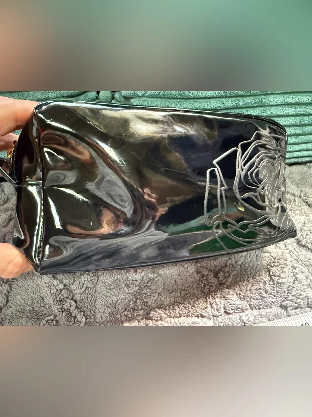 Glossy Black Patent Cosmetic bag with Floral Accent-Lancôme